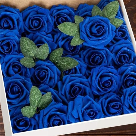 Artificial Flowers 25pcs Real Looking Royal Blue Foam Fake Roses with Stems - Picture 1 of 7